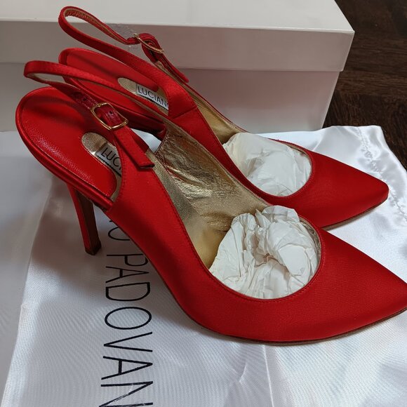 Luciano Padovan - Italian Designer Red Satin stilettos leather sole NIB - Picture 2 of 9